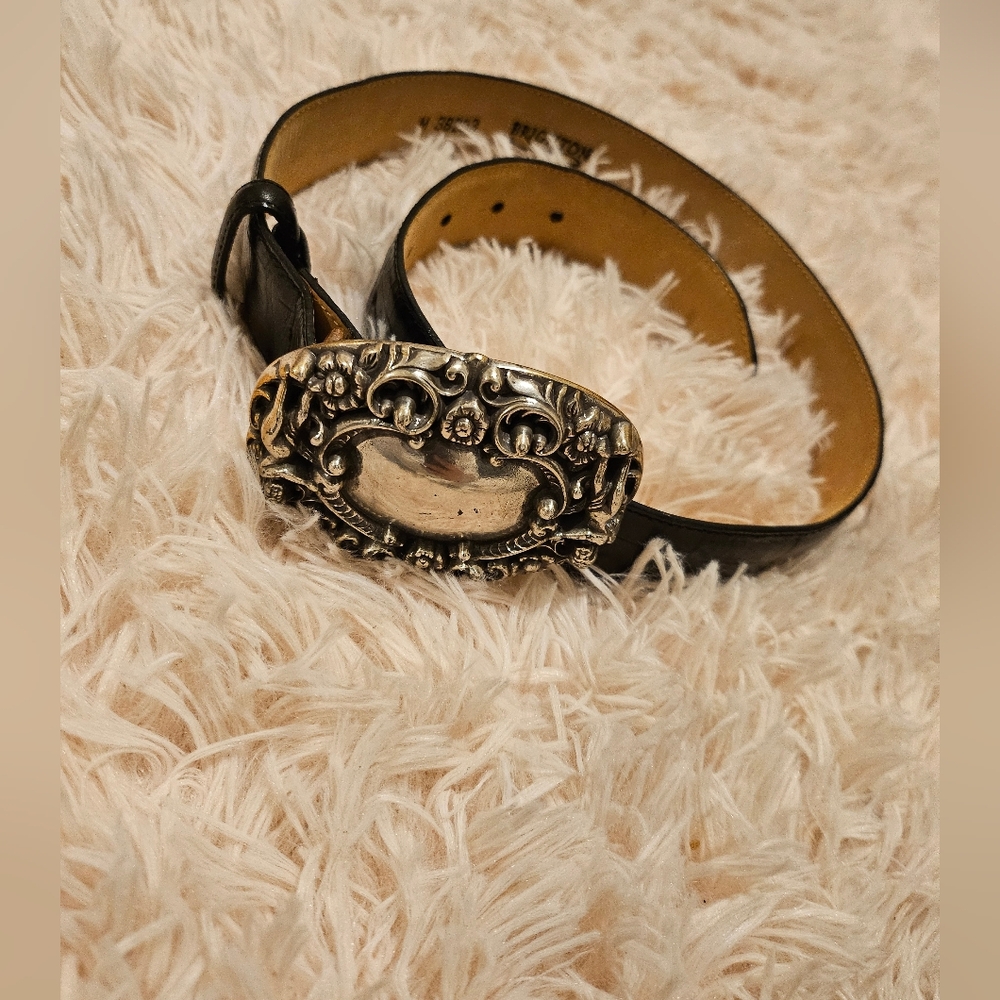 Vintage 1993 Brighton 1.3" Width Croc Black Belt Sz M Clean Cupid Antique Buckle